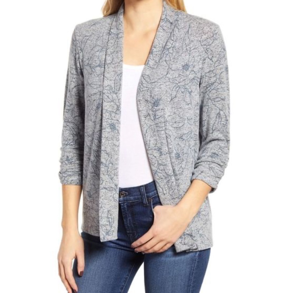 Bobeau Womens Hacci Open Cozy Cardigan Sweater in Denim Floral - NWT
